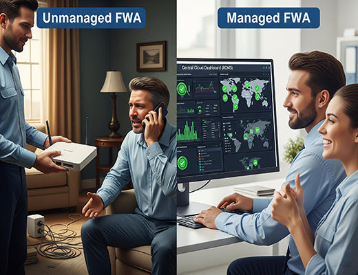 An infographic comparing the reactive, high-cost model of unmanaged 5G FWA to the proactive, efficient model of Managed 5G FWA.