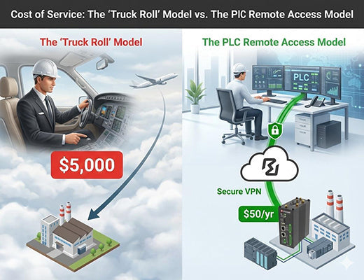 A TCO comparison showing how a VPN edge router and RCMS (RobustVPN) replaces a $5,0TCO0 truck roll, helping a machine builder cut service costs.
