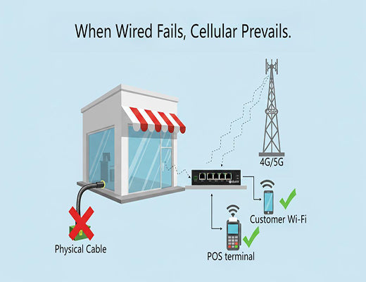 An infographic demonstrating how WAN failover to a cellular backup keeps a retail store's POS terminals and Wi-Fi online during a wired internet outage.