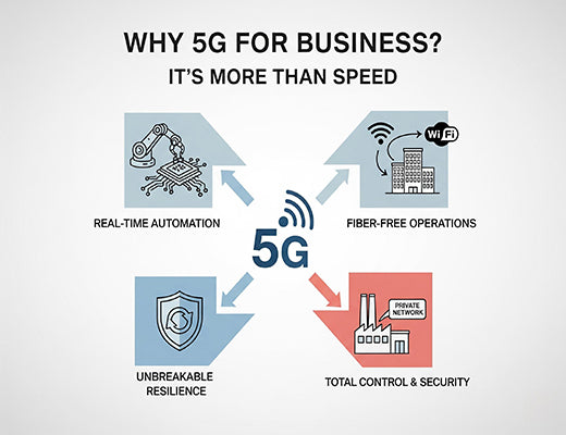 An infographic showcasing the four key business benefits of adopting 5G: real-time automation, fiber-free operations, unbreakable resilience, and private network control.