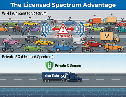 A visual analogy comparing Wi-Fi's congested unlicensed spectrum to Private 5G's clean, interference-free licensed spectrum.