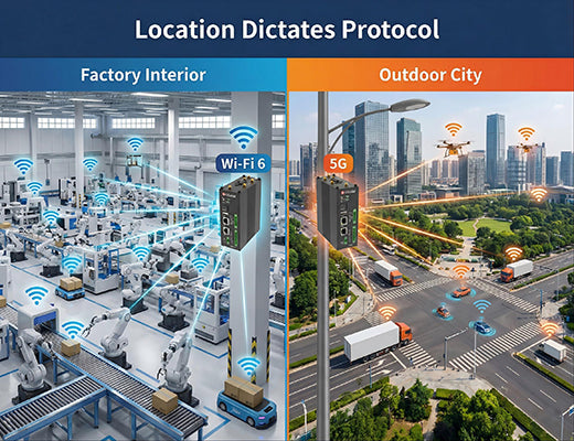 A visual comparison showing Wi-Fi 6 being used for high-density indoor factory environments versus 5G for outdoor mobile assets.