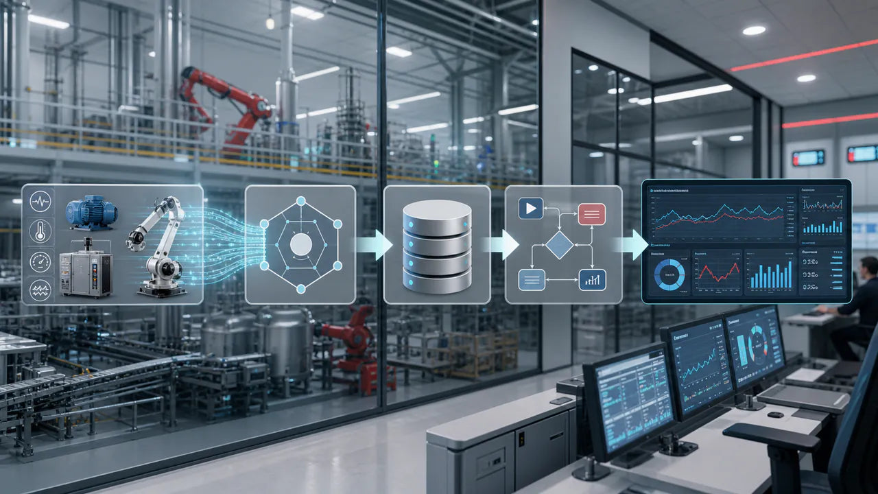 Industrial data moving through ingestion, storage, processing, and dashboard stages
