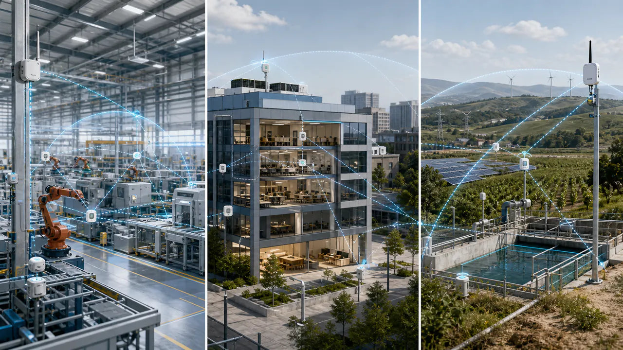 LoRaWAN coverage across factory, commercial building, and remote utility environments