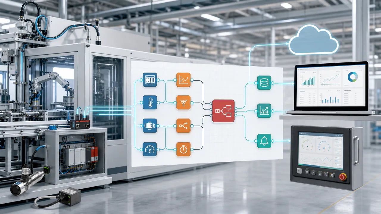 Industrial sensors and PLC data connected through a visual low-code workflow