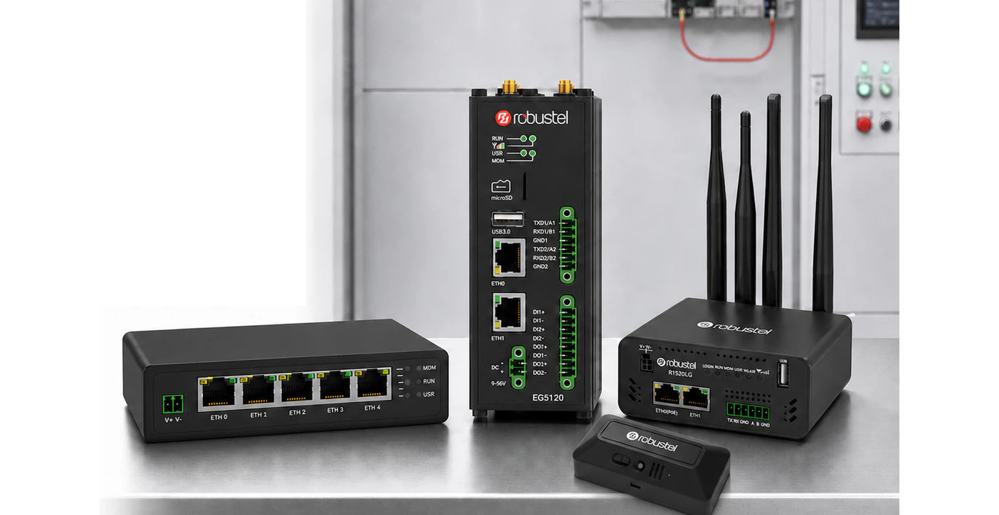 Robustel R2111 router, EG5120 edge computing gateway, R1520LG LoRaWAN gateway, and S6000U industrial sensor in an industrial control environment